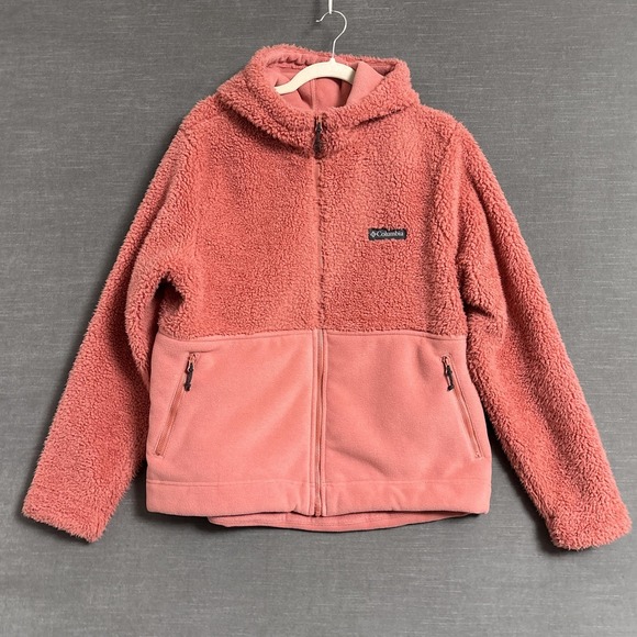 Columbia Jacket XL Salmon Sherpa Fleece Full Zip Hooded Outdoors Fall Cozy - Picture 1 of 9